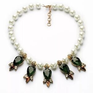 Emerald Green Crystal Gobstopper Pearl Vintage Gold Statement Necklace
